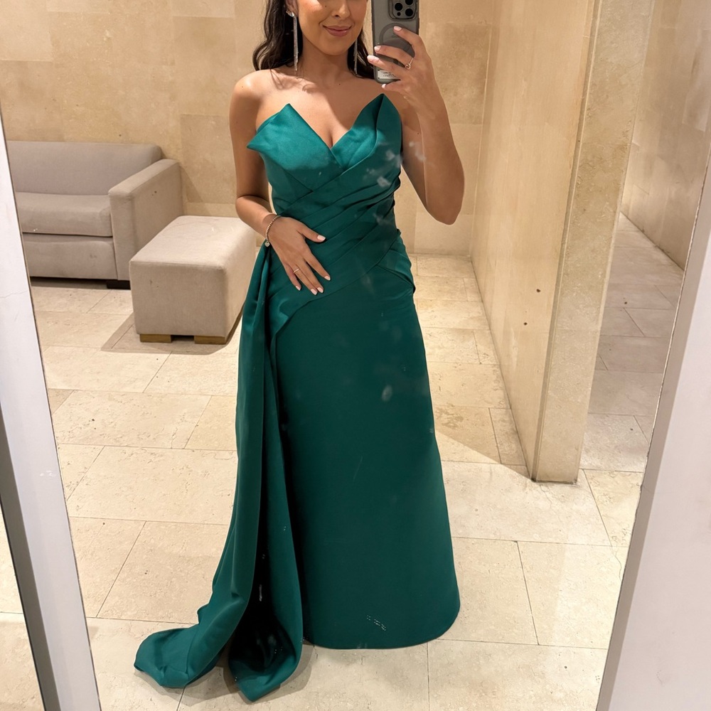 Terani Couture Green Asymmetrical Strapless Gown